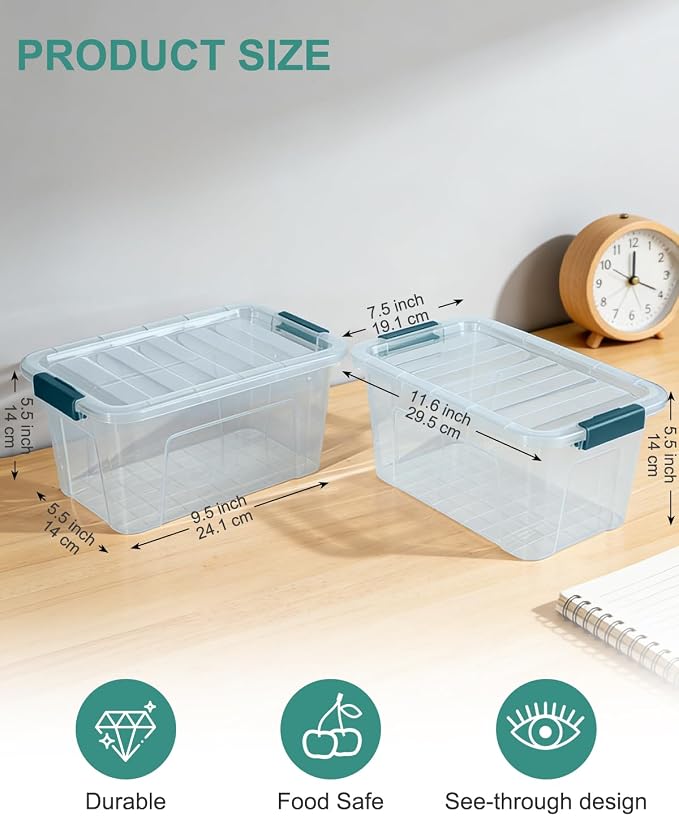Storage Bins with Lids 6 Pack Clear Storage Containers, 7 Quart Stackable Plastic Containers with Secure Buckle Latch, Durable Storage Box Organizer for Pantry, Closet, Office & Classroom, Blue - Image 2