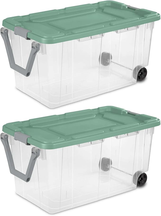 Ratiyae 160 Quart Wheeled Storage Box, Extra Large Durable Clear Plastic Bin, Latch Lid, Lt Green, 2 Count by inbesk