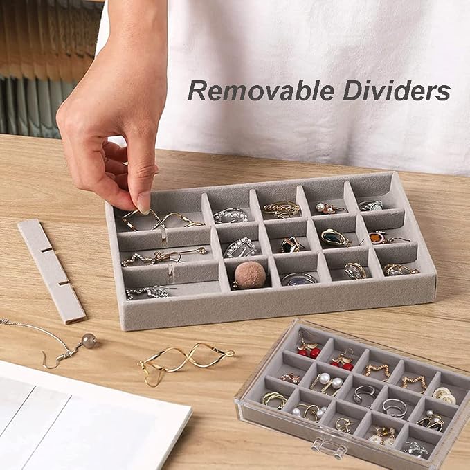 YUFONG Earring Organizer Box Acrylic Jewelry Organizer with 3 Drawers 54 Adjustable Grids Clear Stackable Earring Holder Velvet Trays Ring Display Case for Women Girls (Gray) - Image 3