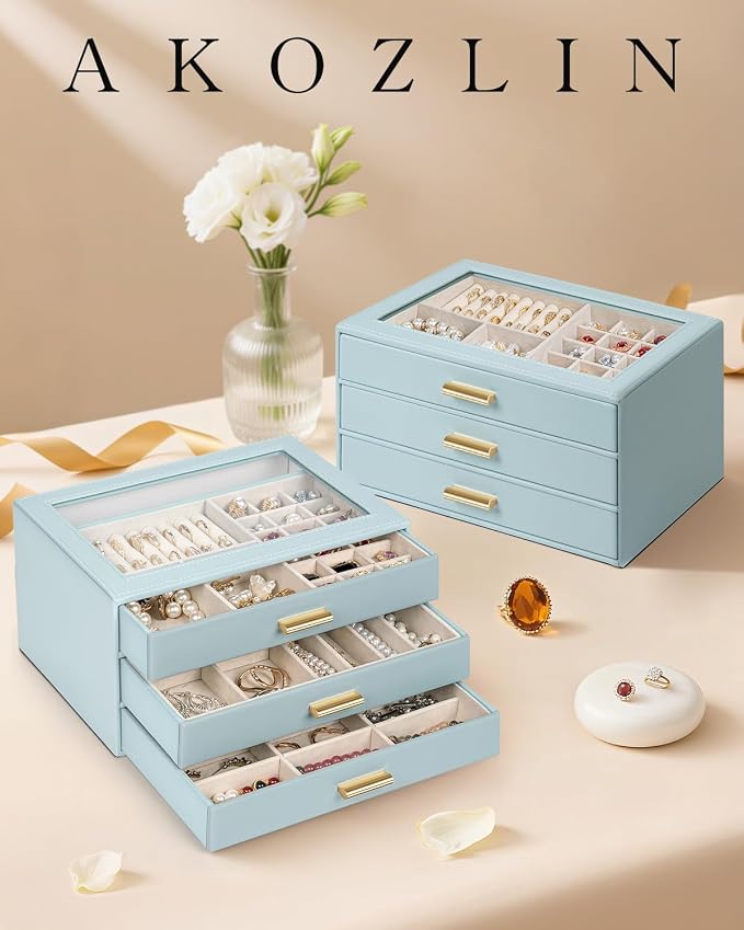 AKOZLIN Jewelry Box with Clear Lid Functional Leather Jewelry Storage Organizer Case 3 Drawers for Women Girls Necklace Ring Bracelet Earring - Image 6
