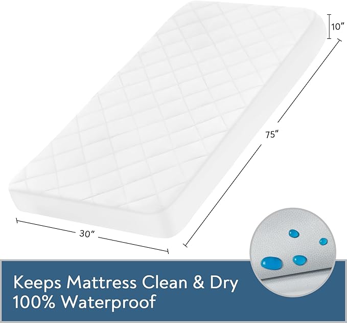 Waterproof Quilted Cot Mattress Pad, Fitted Cot Size Mattress Pads Protector Cover 30" X 75" for Narrow Twin, Breathable Soft Mattress Topper for Camping Sleep, White (Cover Only)