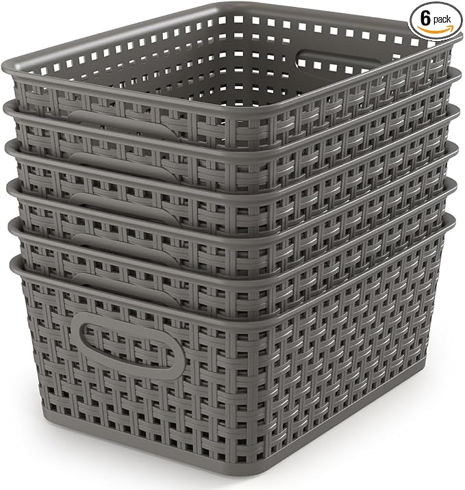 WYT Weave Storage Organizer Baskets, Grey 6-Pack Plastic Woven Baskets, 10.1" x 7.55" x 4.1" by WYT