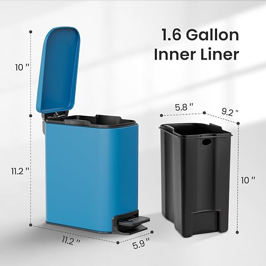 Cesun Small Bathroom Trash Can with Lid Soft Close, Step Pedal, 6 Liter / 1.6 Gallon Stainless Steel Garbage Can with Removable Inner Bucket, Anti-Fingerprint Finish (Blue) - Image 5