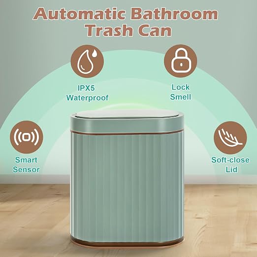 ELPHECO Bathroom Trash Can with Automatic Lid, 2 Gallon Sensor Trash Bin, Smart Garbage Can, IPX5 Waterproof Slim Trash Bin, Motion Sensor Wastebasket for Office, Kitchen, Sage Green Gold - Image 6