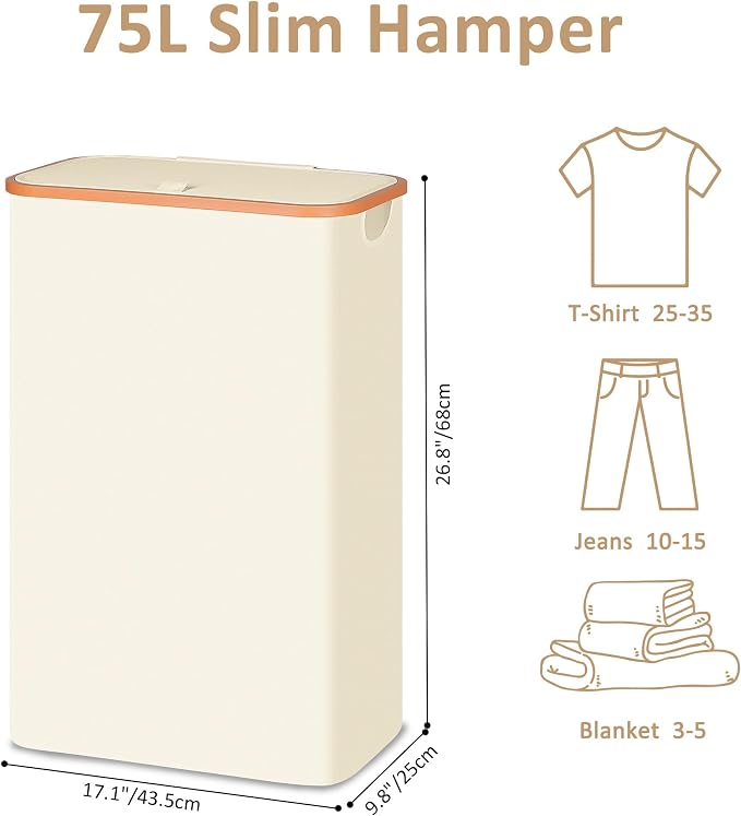 Vincona Slim Laundry Basket with Lid, Narrow Dirty Clothes Hampers for Laundry with Handle, Skinny Laundry Bin for Laundry Room, Dorm, Bedroom and Bathroom, 19.8 Gallon (75L) Beige - Image 3