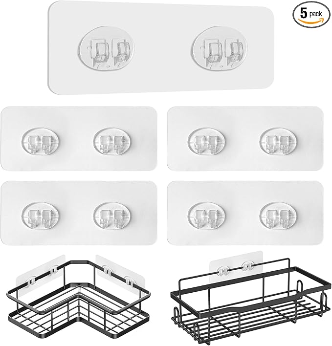 Upgraded Shower Caddy Adhesive Replacement,Strong Adhesive Hooks for Shower Caddy, Waterproof Shower Shelf Adhesive, Shower Adhesive Strips for Shower Organizer and Kitchen Racks (5 Pcs(Double Hooks)) by LSOSVSEU