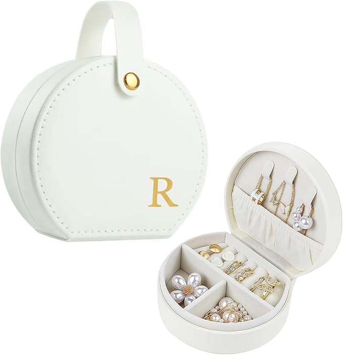 Travel Jewelry Case, Elegant Half-Moon Design with Golden Accents, Detachable Handle, White Personalized Accessory Organizer, Fashion-Forward Gift for Women and Teens(R) by Yoqanr
