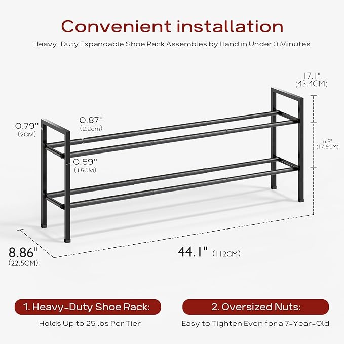 Bumusty 2-Tier Long Expandable Shoe Rack for Closet, 18"-44" Adjustable Shoe Rack for Entryway, 10-12 Pairs Large Shoe Organizer Shelf Storage, Sturdy Metal, Black - Image 3