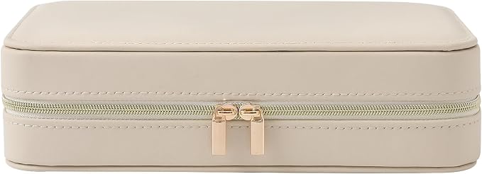 Genuine Leather Travel Jewelry Organizer Case Box with Mirror for Women, Small Mini Portable Jewelry Box for Ring Earrings Necklace Bracelet Luxury Gift for Women（Beige） - Image 2