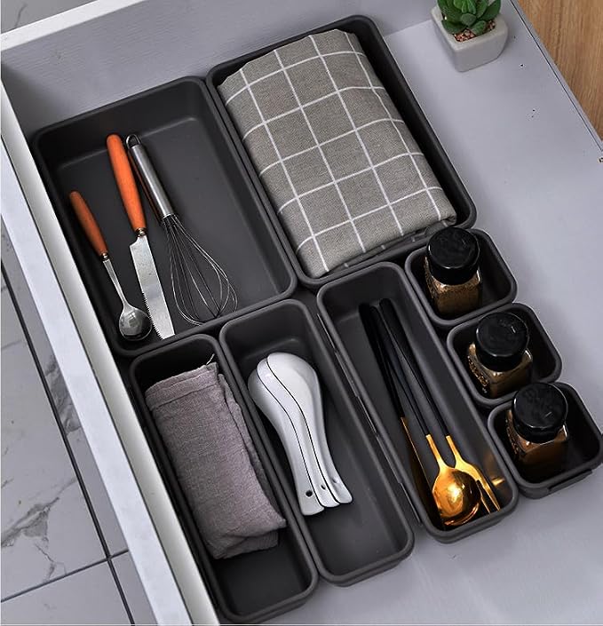 8PCS Plastic Interlocking Drawer Organizer, 3 Sizes Versatile Desk Drawer Organizer Trays, Drawer Dividers, Organization and Storage Bins for Tools, Office, Jewelries, Kitchen Utensils and Makeup - Image 5