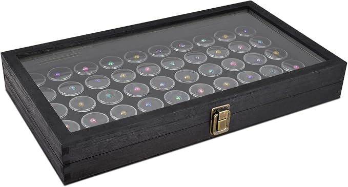 MOOCA Glass Top Black Jewelry Display Case Box 50 Gem Jars, Ring Box, Jewelry Organizer, Jewelry storage Black Tray with Gem Jar, 15" W x 8.5" D x 2" H by Mooca