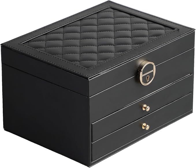 GUOER Jewelry Box for Women Girl Wife 3 Layers Large PU Leather Jewelry Organizer Storage Case with Two drawers Display for Earrings Bracelets Rings Watches (Black) by GUOER