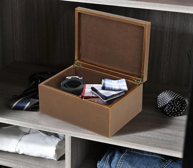 HofferRuffer Faux Leather Decorative Box, Large Wooden Structure Keepsake Box Accessory Organizer Jewelry Organizer with Hinged Lid, Storage Container for Home or Office (Brown) - Image 5