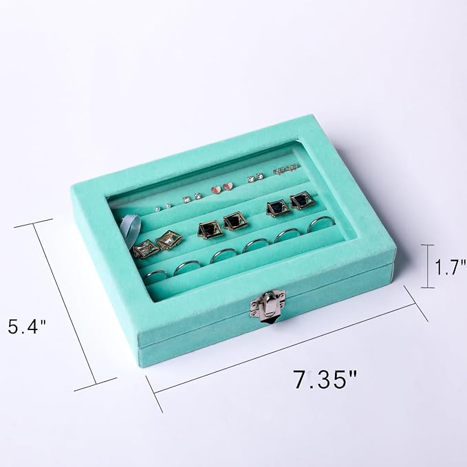 Frebeauty Rings/Earring Organizer Tray with Clear Lid,7 Slots Ring Box Velvet Ring Holder Drawer Insert Jewelry Storage Box Jewelry Display Case Jewelry Box Gift for Women and Girls(Turquoise,7 Slots) - Image 3
