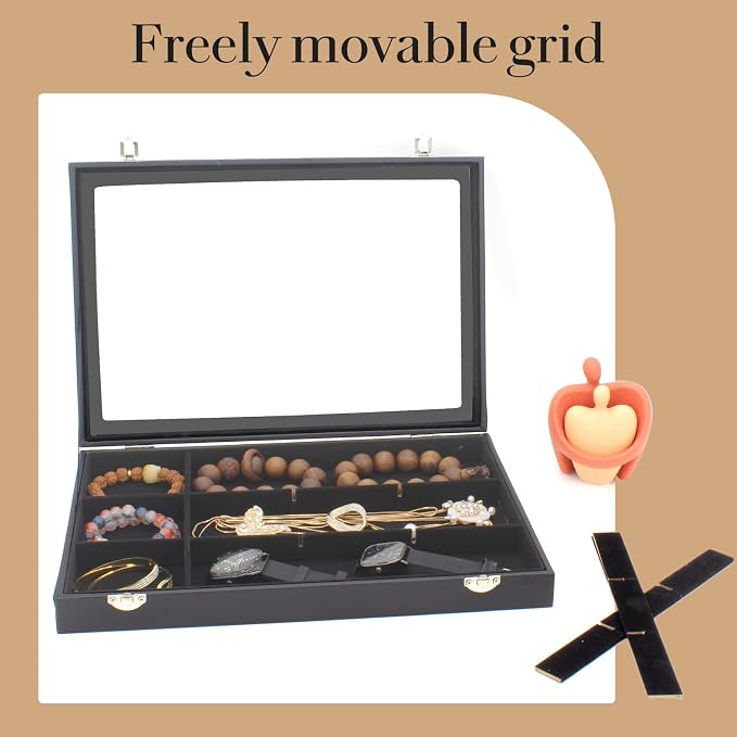KOOAAICCHI Jewelry Tray Organizer with Clear Lid - 12 Grid Storage Display Case with Lock Earring Ring Organizer Showcase Gifts for Women-Black - Image 4