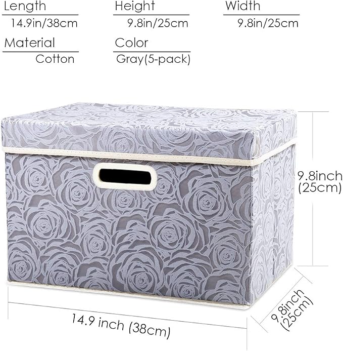 PRANDOM Foldable Storage Bins with Lids [5-Pack] Fabric Decorative Storage Box Cubes Organizer Containers Baskets with Cover Handles Divider for Bedroom Closet Living Room Grey 14.9x9.8x9.8 Inch - Image 5