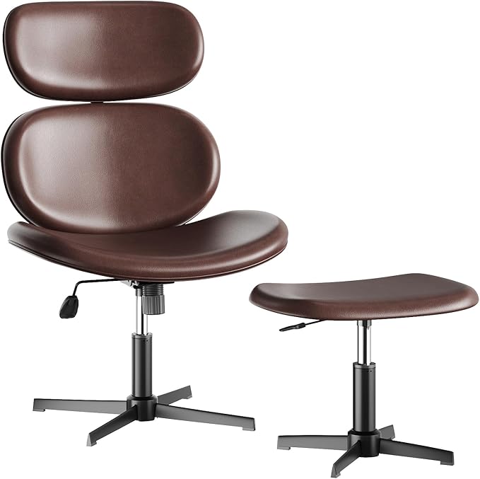 Bestier Swivel Modern Chair with Ottoman No Wheels, PU Criss Cross Reading Chair with Extended Headrest & Adjustable Seat, Modern Armless Ergonomic Chair for Living Room, Dark Brown