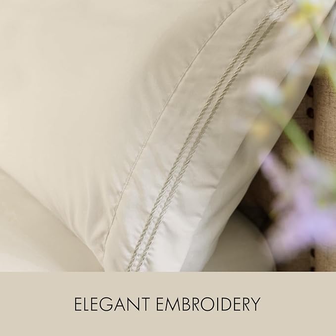 ClevaHome Twin Size Sheet Set - 4 Piece Soft Breathable Luxury Bed Sheet Set - Shrinkage & Fade Resistant Embroidered Bedding Sheet with Deep Pocket, 2 Extra Pillowcases (Twin, Oat Milk)