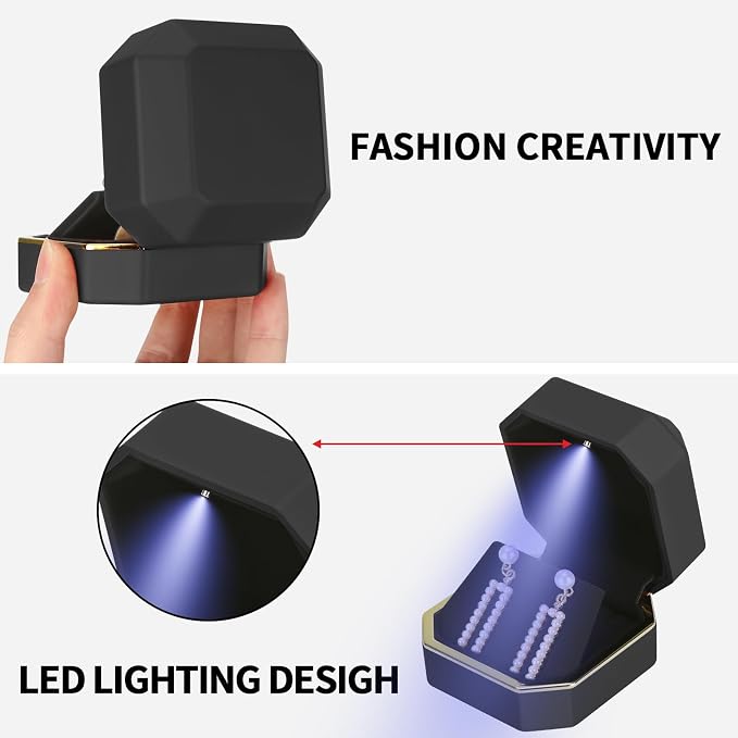 Luxury LED Jewelry Earring Pendant Stud Box, Velvet Earring Necklace Gift Box Storage Case Organizer Holder for Proposal Engagement Wedding Anniversary Birthday Ceremony (Black) - Image 3
