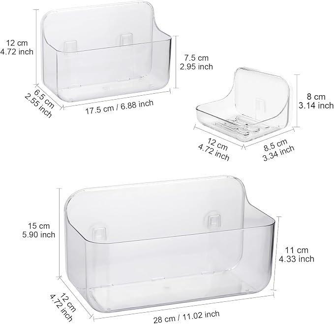 Diesisa 3pc Acrylic Wall Mount Organizer, Adhesive Clear Shower Caddies,Acrylic Soap Basket for wall,No Drilling Hang Walls,with Self Adhesive Tape, for Bathroom, Kitchen, Living Room - Image 2