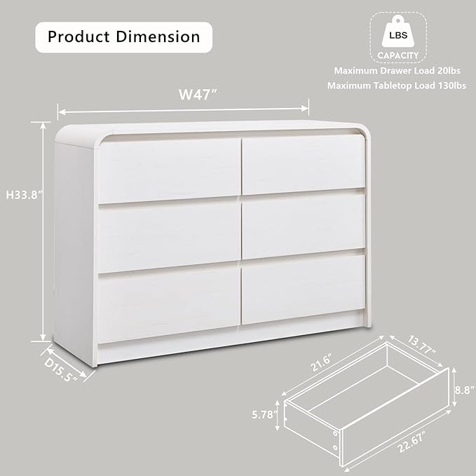 Aitjunz Modern 6 Drawers Dresser for Bedroom, 47" Wide Wood Dressers & Chests of Drawers with Curved Profile Design, Mid Century Modern Dresser for Closet for Bedroom, Living Room, Antique White