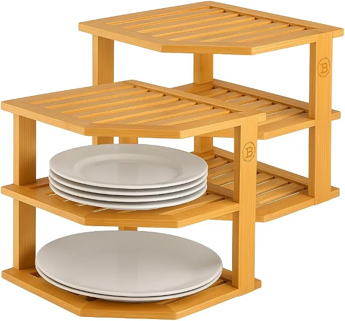 2-Pack Plate Organizer for Cabinet - Bamboo Corner Shelf for Kitchen or Bathroom Storage, Space-Saving Rack for Dishes, Countertop, Cabinet, Pantry - Organization & Housewarming Gift by Bamb%C3%BCsi