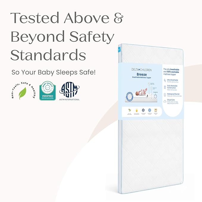 Delta Children Breeze Breathable Crib Mattress Topper, Makes Any Crib Mattress Breathable, 100% Washable, Ultra-Breathable Quilted Layer for Comfort, Fits Standard Size Cribs & Toddler Beds