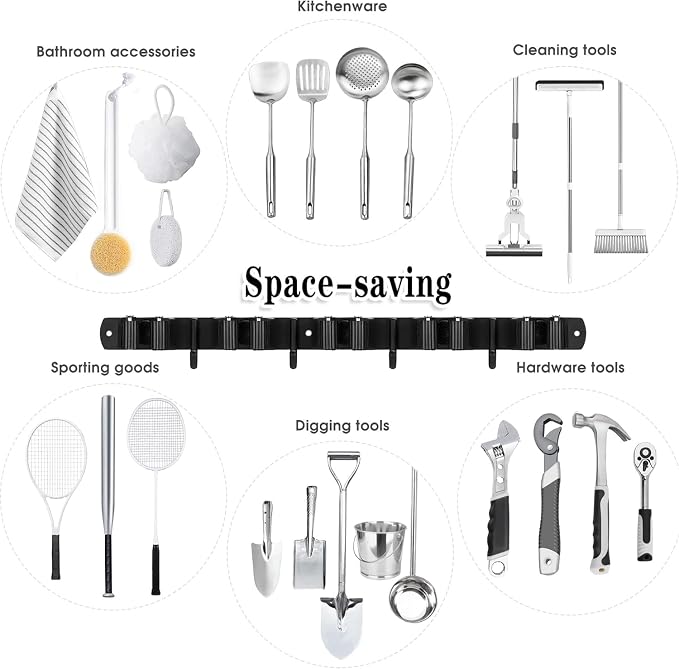Black 5 Racks and 4 Hooks Mop and Broom Holder Wall Mount, Broom Organizer Storage Tool Racks Stainless Steel Heavy Duty Hooks Self Adhesive Solid Non-slip for Home Kitchen Garden Laundry Garage - Image 7
