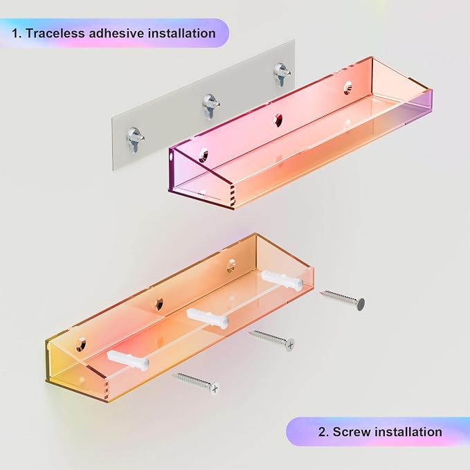 Bakzon 2 Pack Acrylic Shelves for Wall Storage, 15" Floating Shelves, Kids Bookshelf, Nail Polish Holder, Perfume Display Shelf Organizer for Bathroom, Bedroom, Living Room, Iridescent - Image 4