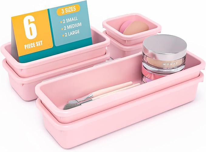 6 PCS Drawer Organizer Set, 3 Size Makeup Drawer Divider Organizer With Non-Slip Pads, Interlocking Plastic Storage Bins for Office,Jewelry Vanity,Gadgets, Bathroom,Kitchen, Pink by StoreHappily