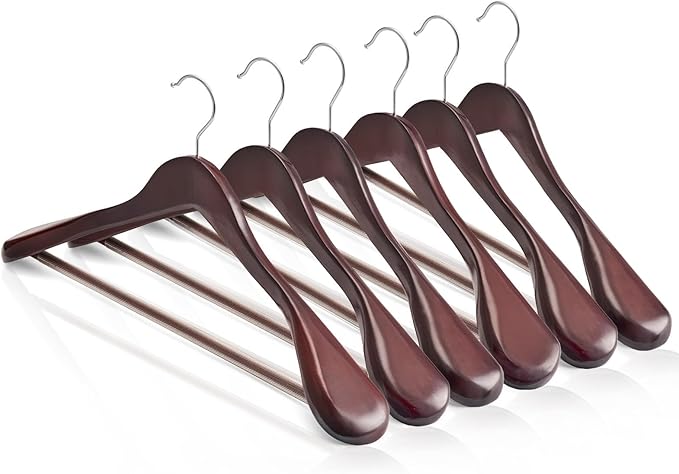 HOUSE DAY Wood Suit Hangers for Men, Wide Shoulder Wooden Hangers with Non Slip Pants Bar, Smooth Retro Finish 360° Swivel Hook Solid Wood Coat Hangers for Heavy Clothes Hanger 6 Pack (Cherry Wood) by HOUSEDAY