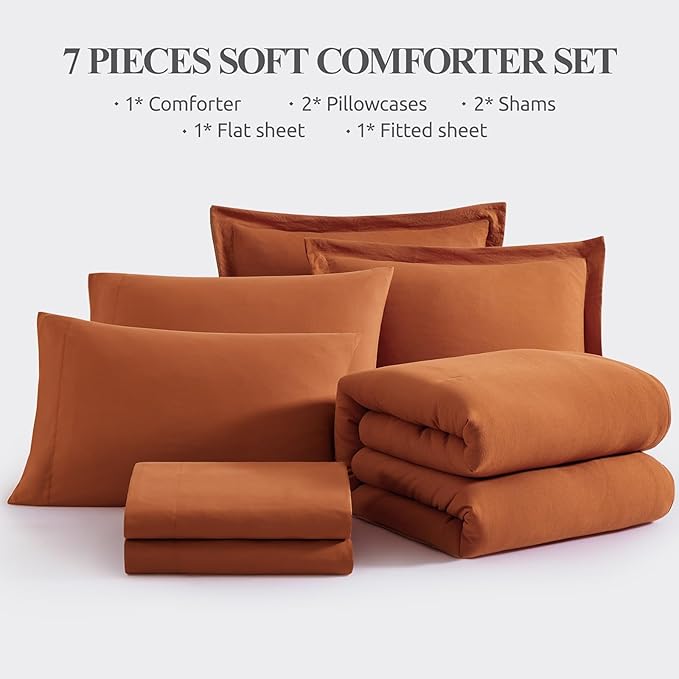 WRENSONGE Super King Plus Comforter Set- 7 Pieces Soft Burnt Orange Bed in a Bag with Fitted Sheet, Flat Sheet, 2 Shams, and 2 Pillowcases-Warm Bed Sets Fall Comforter for All Seasons