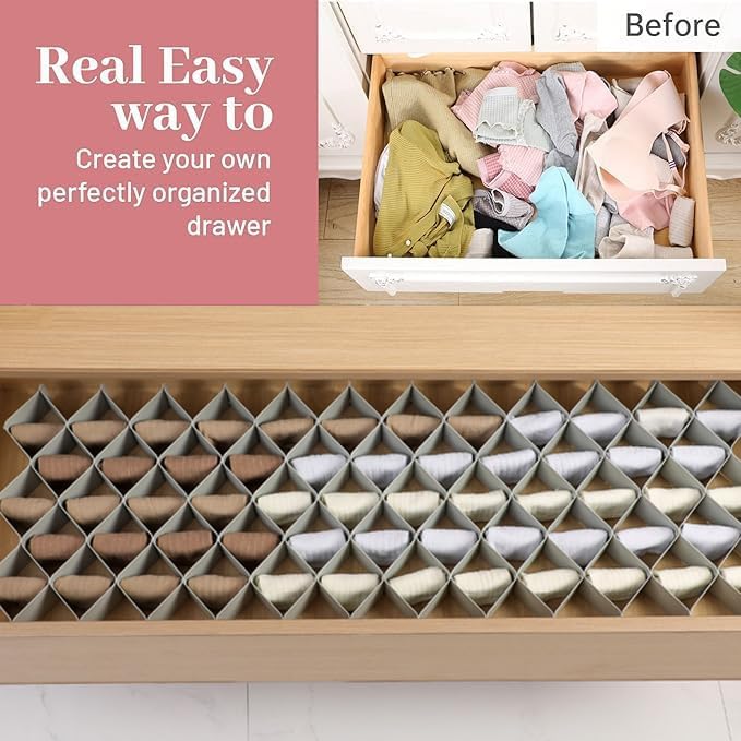 ROUFA Sock Drawer Organizer for Dresser, Honeycomb Underwear Dividers for Women, Panty Separator for Bras, Socks, Belt and Leggings (2 Sets/12pcs,Grey) - Image 5