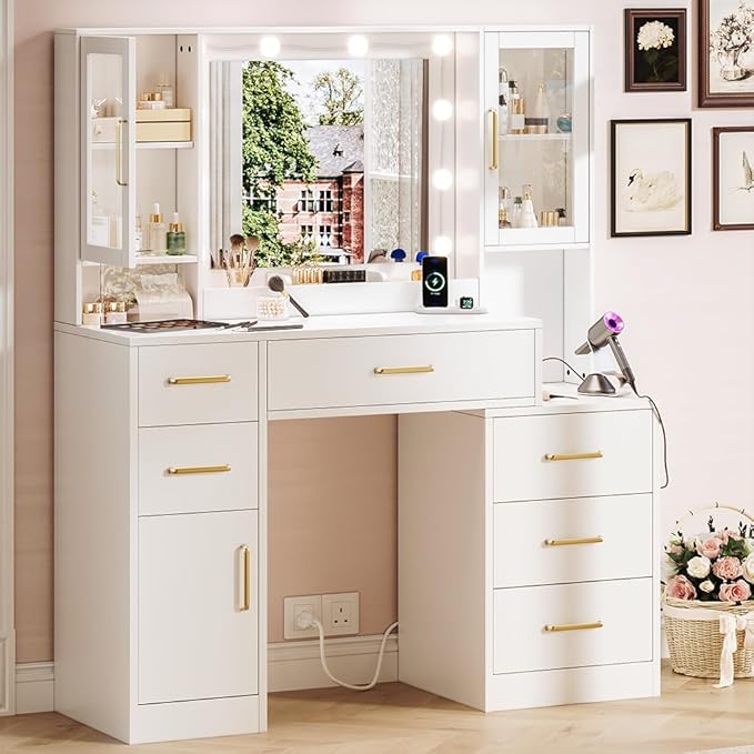 UGTOO Makeup Vanity Desk with Mirror and Lights, 51.2" Makeup Vanity with Lights & Charging Station, Dressing Table Vanity Set for Bedroom, White Vanity Table with 6 Drawers and 3 Cabinet