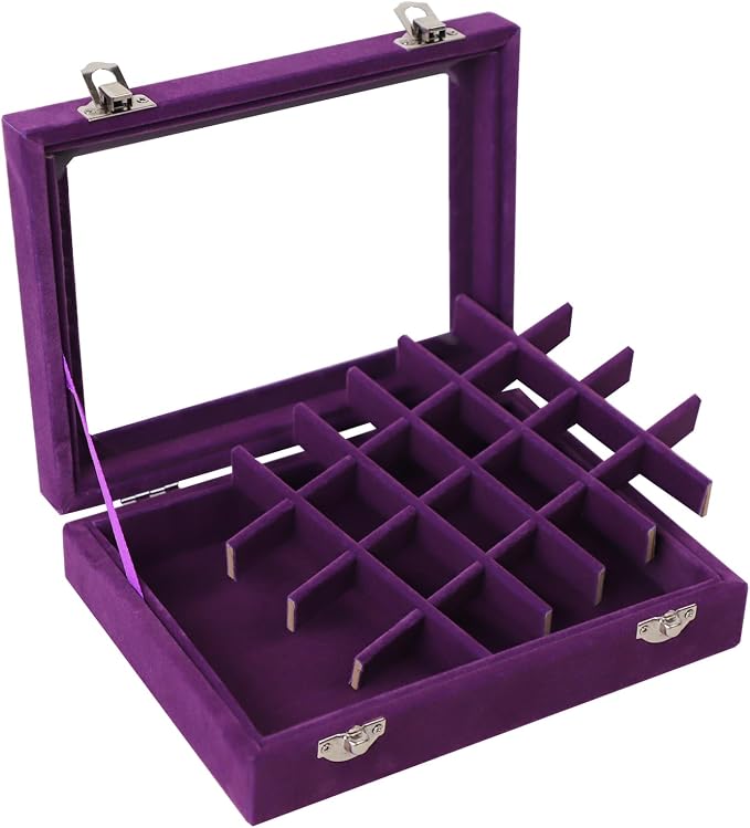 Velvet Jewelry Box 24 Grid Jewelry Earrings Display Organiser Box Ring Tray Holder Earrings Storage Case for Girls Women Wife Mom (Purple) - Image 4