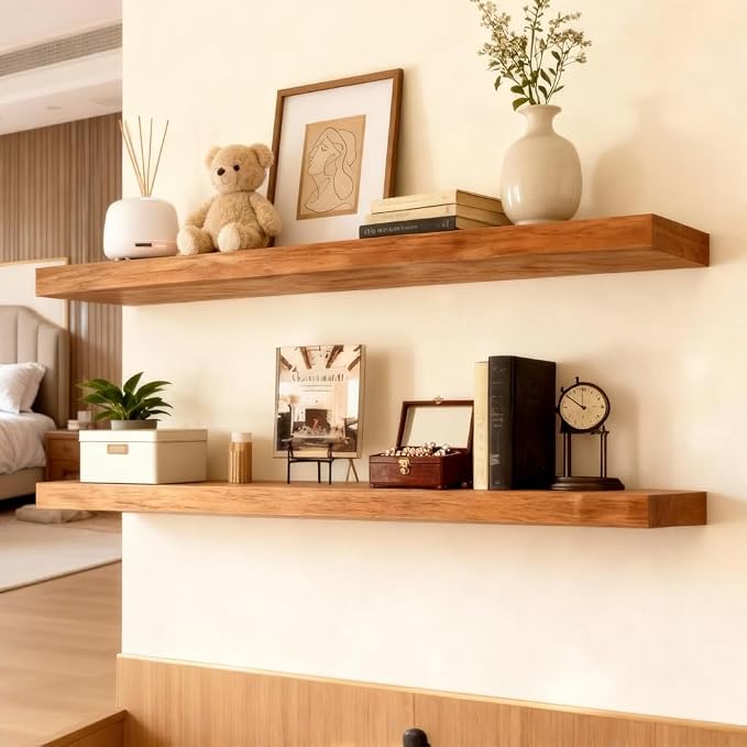 ROGMARS 36 Inches Long Walnut Floating Shelves,Rustic Solid Wood Farmhouse Wall Shelves with Invisible Brackets for Bathroom, Living Room, Bedroom, Kitchen Set of 2 - Image 6