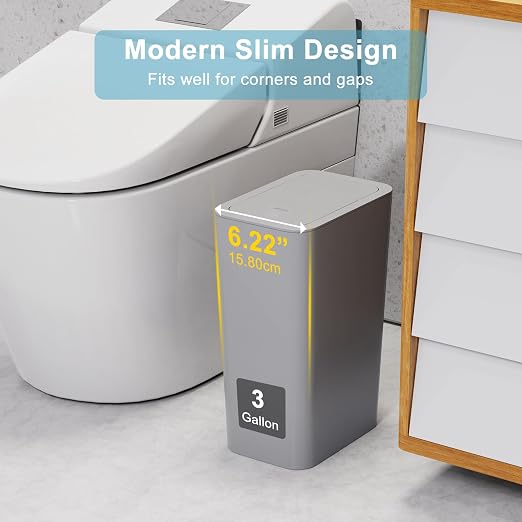 N. NETDOT 3 Pack Small Trash Can with lid, 3 Gallon Bathroom Trash Can,Garbage Can Slim Trash Bin Waste Basket for Bathroom,Kitchen,Bedroom,Living Room,Office,Laundry - Grey - Image 2