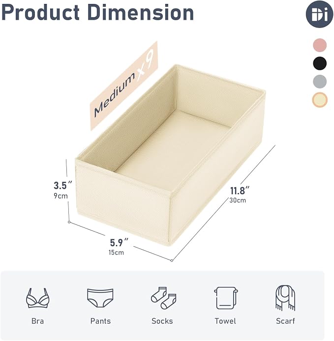 DIMJ Drawer Organizer Clothes - Underwear Organizer Small Sock Organizer Closet Organizers and Storage Box Dresser Drawer Dividers for Baby Clothes, Bra, Socks, Belt, Tie, Set of 9, Beige - Image 5
