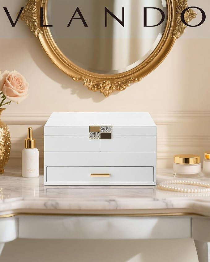 Vlando 3 Layer Jewelry Box - Women Jewelry Box with Retractable Tray - Jewelry Organizers with Drawer for Necklaces, Rings, Bracelets, Earrings, Gift for Couples Mom Girls - White - Image 7