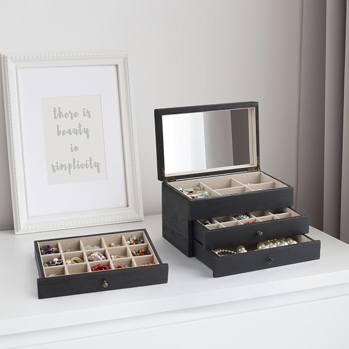 Meangood Jewelry Box Organizer for Women, 3 Layer Large Jewelry Storage Case, Rustic Wooden Jewelry Box with Mirror & Ring Tray for Necklace Earring Bracelets Rings, Vintage Style (Black) - Image 4