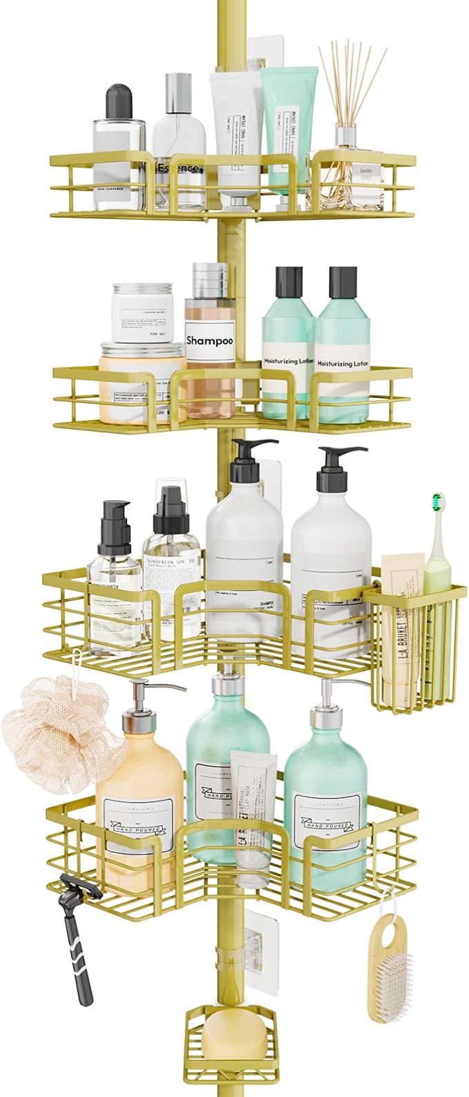 SWTYMIKI Shower Caddy Tension Pole - 4-Tier Corner Shower Organizer Tension Rod with Soap Holder, Toothbrush Holder & 4 Hooks, Adjustable Stainless Steel Bathroom Organizer 27.6 to 108.3 inch, Gold by SwtyMiki-TidyHomeSweetLife