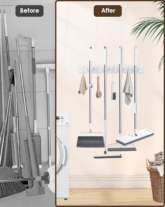 AceMining Broom Holder Wall Mounted, White 4 Holders and 4 Hooks Mop Holder, Wooden Mop and Broom Holder with Anti slip rubber, Natural pine wood Brush Holder, Mop Wall Holde with Nail installation - Image 2