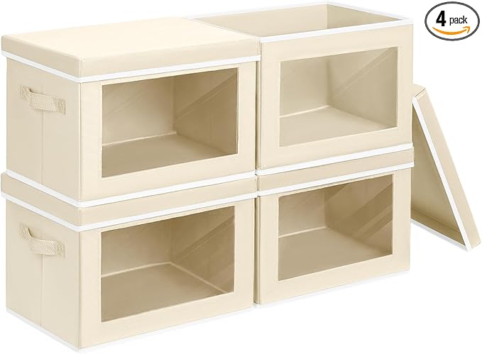 Homsorout Storage Bins with Lids - Fabric Closet Storage Bins with Window, Collapsible Baskets for Shelves 4 Pack, Home Decorative Boxes for Clothes, Closet, Office, Beige by Homsorout