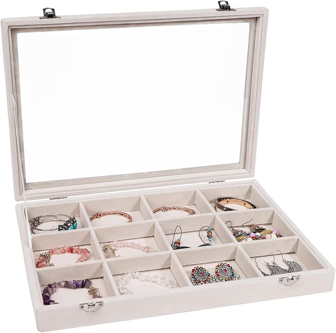 Stratalife Jewelry Organizer Bracelet Organizer Storage Box 12 Grid Stackable Jewelry Tray with Lid Velvet Jewelry Box for Drawer Necklace Bracelet Display Storage Organizer Box (Beige) by Stratalife
