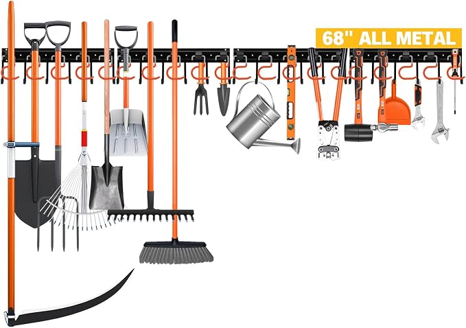 ELEAD 68'' All Metal Adjustable Garden Tool Organizer: Garage Tool Organizer Wall Mount with Orange Hooks, Garage Organizers and Storage, Tool Hangers for Shed by ELEAD