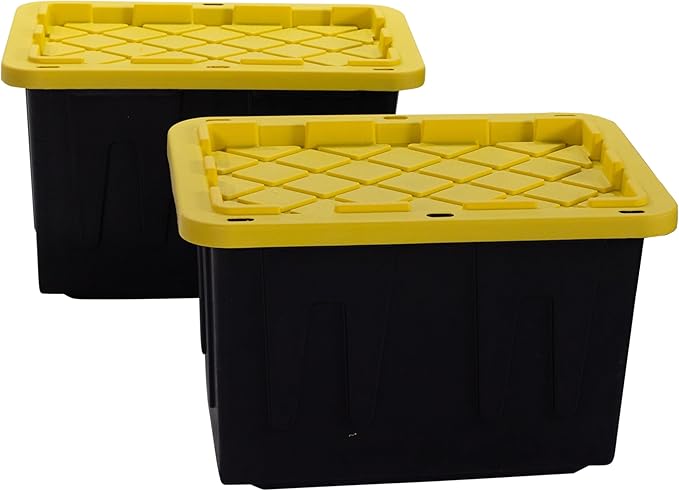 Plastic 23-Gallon Storage Tote with Lockable Lid, Stackable Tough Regular-Duty Bin for Garage, Tools, and Home Organization (2-Pack) - Black and Yellow by FactoryDirectPartners