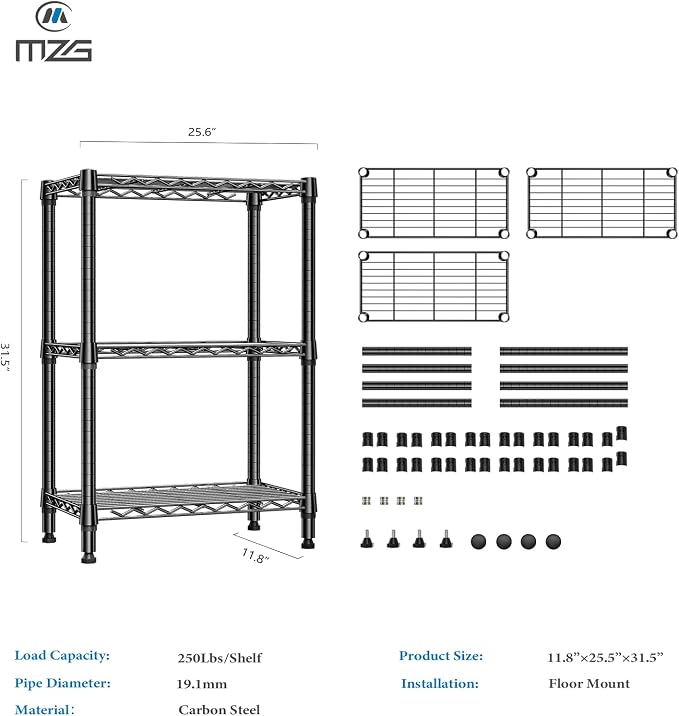 M MZG 750 lbs 3 Tier Shelf Metal Storage Shelves Wire Rack Closet Organizers for Garage Kitchen Bathroom Laundry Black 11.8" D x 25.6" W x 31.5" H - Image 3