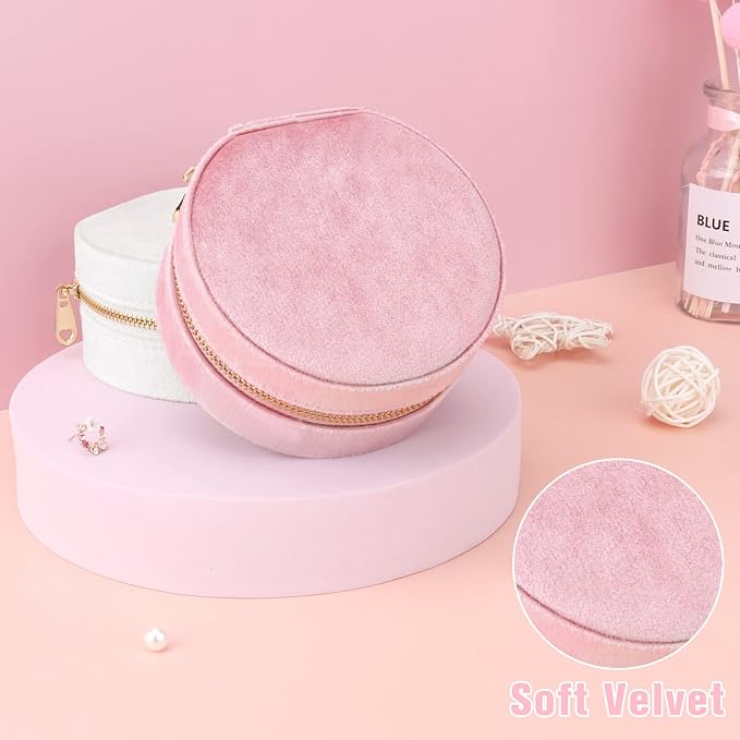 DesignSter Travel Jewelry Box - Velvet Mini Jewelry Organizer, Small Jewelry Case for Girls Women, Jewelry Storage Box for Rings Earrings Necklace (Circular, Lotus Pink) - Image 5