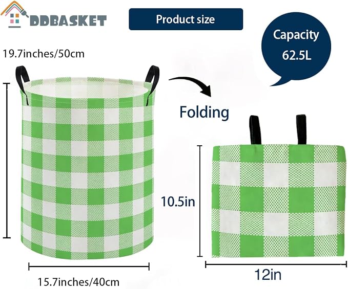 Kids Laundry Basket Grid Hamper for Nursery Green Hamper Cute Kids Storage Bin Organizer Room Decor for Home(Green Grid) - Image 2