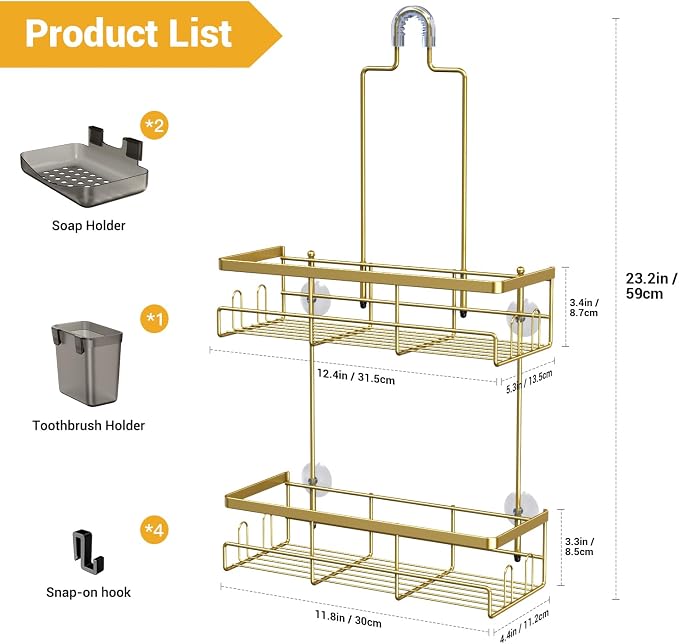 AKTECKE Shower Caddy Hanging Bathroom Organizer: Rustproof Shelf for Inside Shower - No Drilling Racks Over Showerhead - Bath Shelves for Shampoo Soap Gold - Image 6